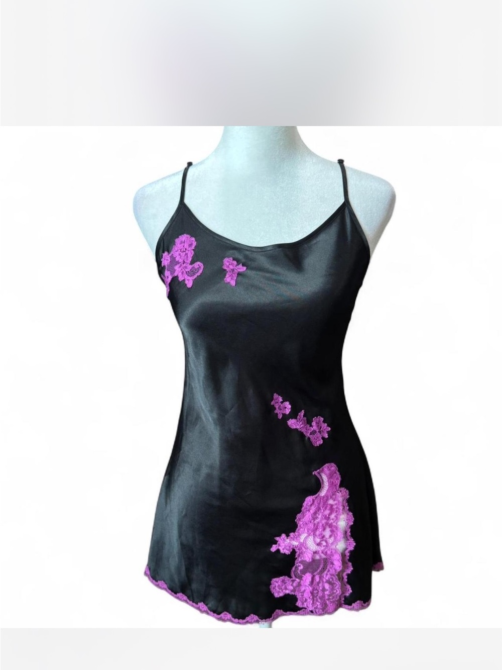 Victoria's Secret Black Satin Chemise with Purple Lace Appliqué